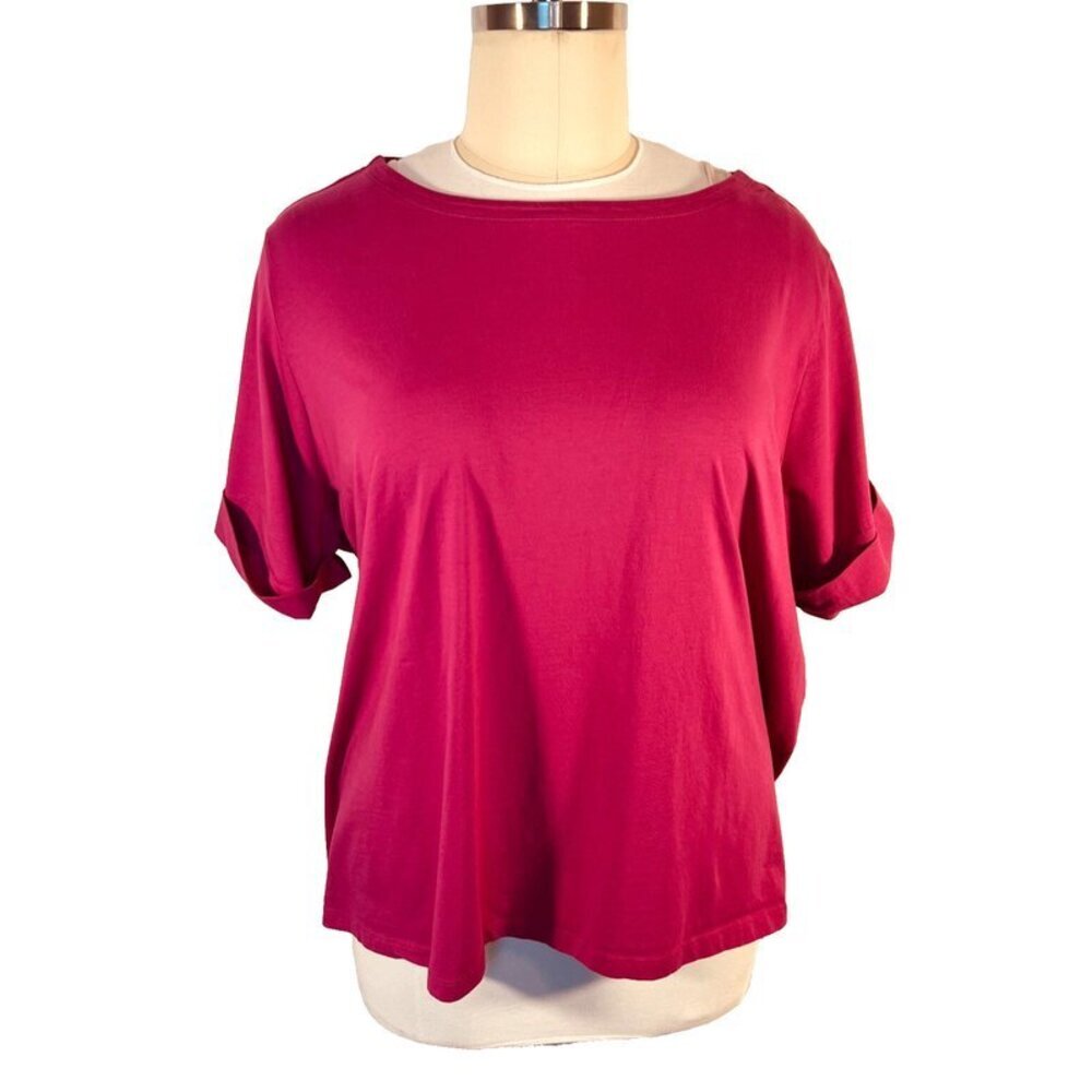 Woman Within - 4X Petite Tee Shirt Fuschia Pink Short Cuff Sleeve Boat Neck